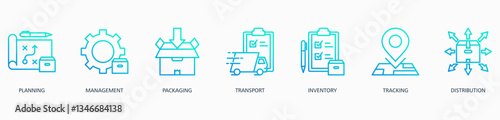 Logistics banner web icon vector illustration concept with icon of planning, management, packaging, transport, inventory, tracking and distribution