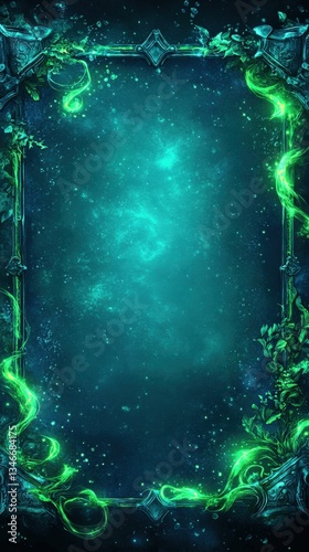 Mystical Glowing Green Frame with Cosmic Background in Dark Fantasy Theme - Perfect for Magic, Witchcraft, and Enchanted Realm Enthusiasts