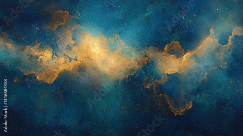 Galactic Deep-Space Gradient: Abstract Cosmic Nebula with Gold Accents in Teal and Dark Blue