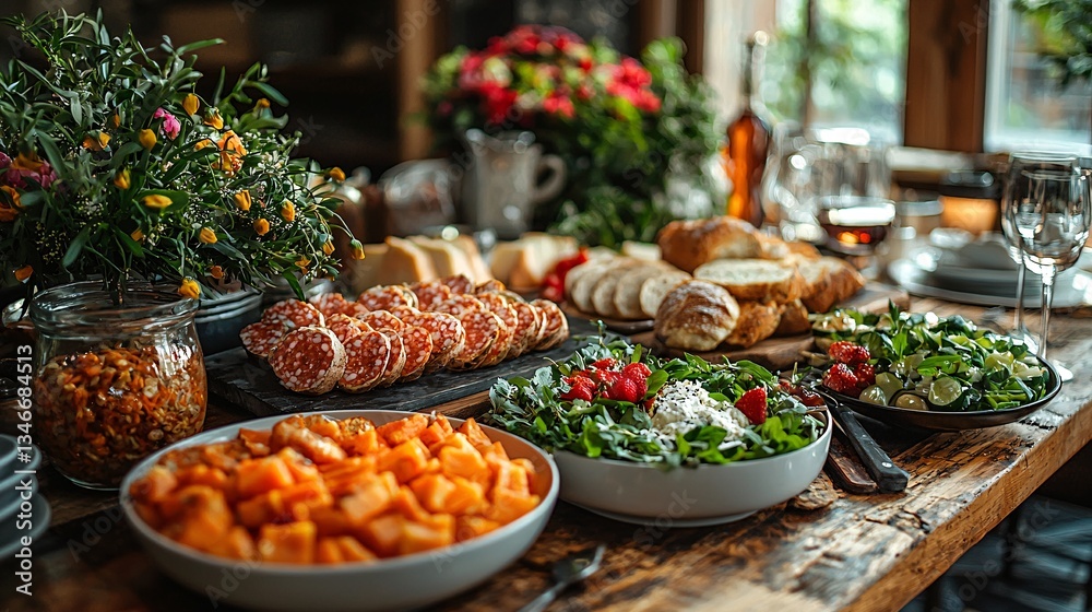 Vibrant Dinner Table Spread with Fresh Salads, Fruits, Breads, and Charcuterie for a Gathering Vibrant Dinner Table Spread with Fresh Salads, Fruits, Breads, and Charcuterie for a Gathering