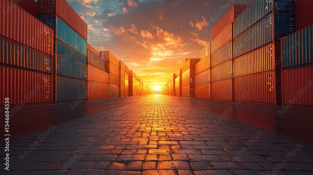 Fototapeta premium Sunset over Shipping Containers at a Port