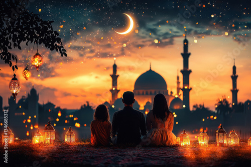 happy muslim family celebrating eid mubarak photo