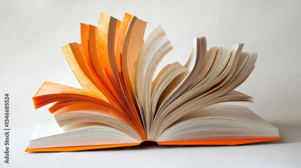 Fototapeta premium Open book with pages fanned out, showing colorful orange and off-white pages against a white background.