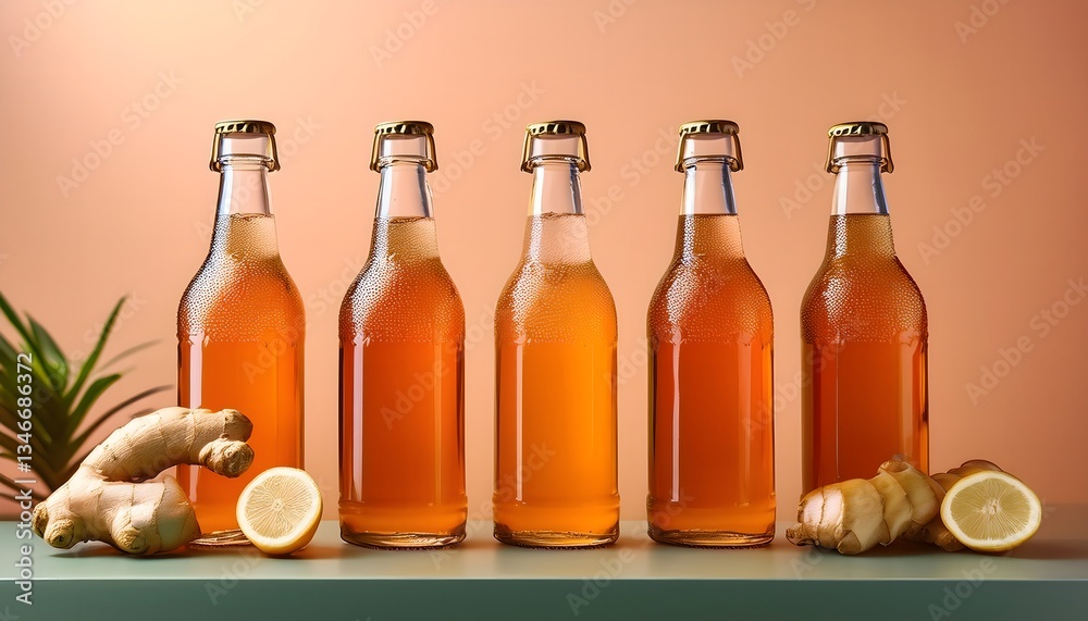 Сlose-up of Kombucha Bottles with Condensation, Placed with Fresh Ginger Slices on a Soft Peach Pastel Neon Background Сlose-up of Kombucha Bottles with Condensation, Placed with Fresh Ginger Slices on a Soft Peach Pastel Neon Background
