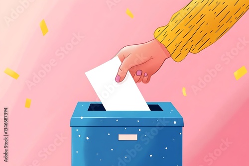 Hand Casting a Vote into a Colorful Ballot Box photo