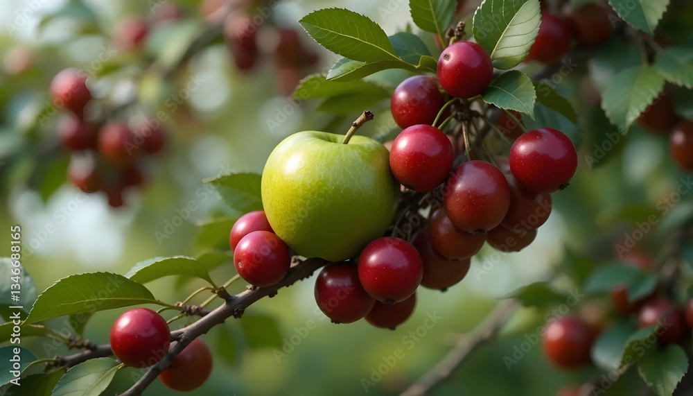 Apple and Cherries on Branch in Sunlight - Apple Among Cherries Apple and Cherries on Branch in Sunlight - Apple Among Cherries