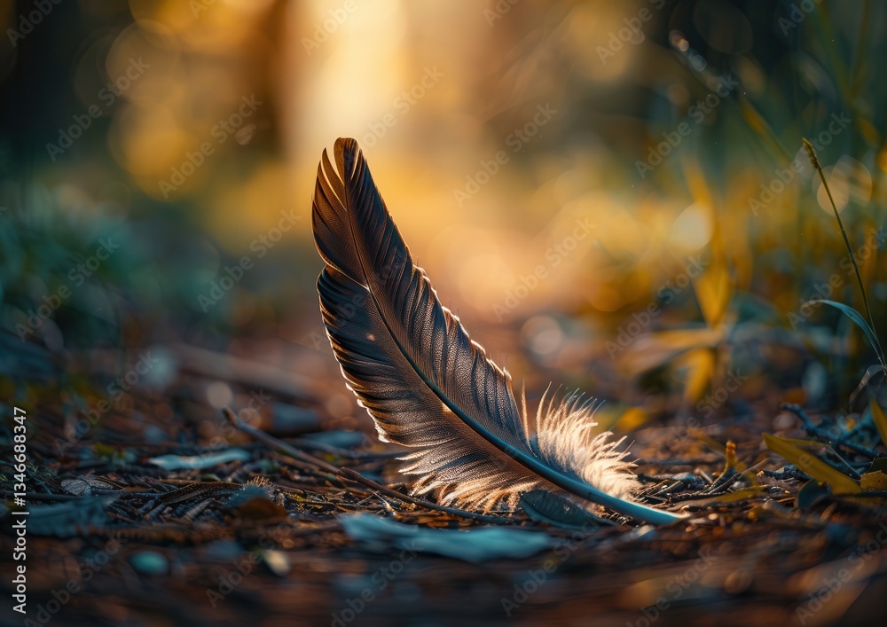 A single feather illuminated by golden sunlight on a forest floor. A single feather illuminated by golden sunlight on a forest floor.