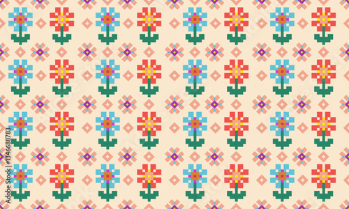 a detailed seamless composed of pixel designs with red and light blue flowers square on yellow background , design for fabric or various pattern printing works.