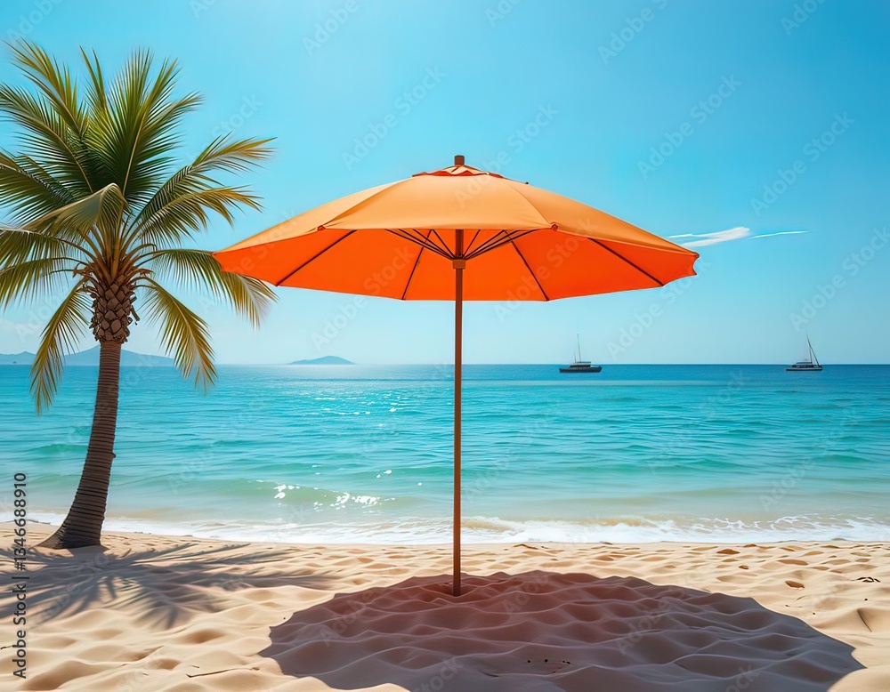 Fototapeta premium Peaceful Beach with an Orange Umbrella