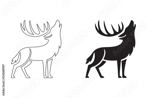 Howling Wolf and Deer Combo silhouette. Fully editable Flat and Outline. 