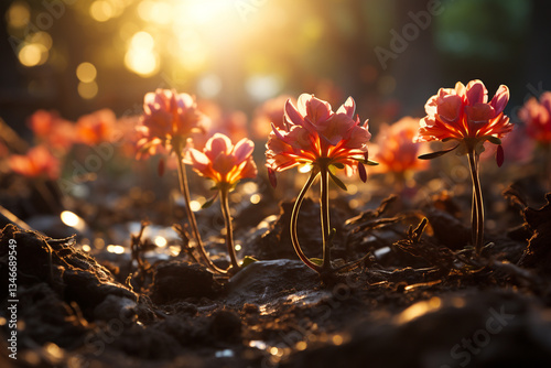 harmonious dance of flora and earth, as roots delve into depths of soil while leaves ascend towards heavens, an exquisite embodiment of life equilibrium and ceaseless flourishing