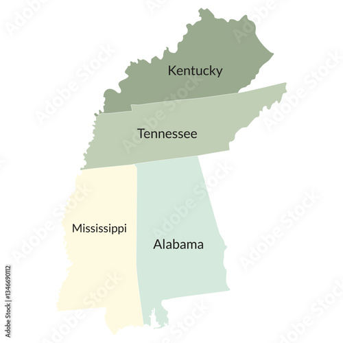 US regions of East South Central.  East South Central states in lable of state in green color.