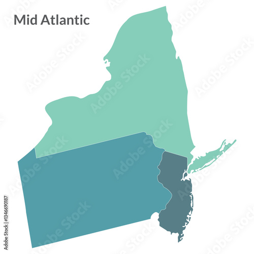 American region of Mid Atlantic region.  Mid Atlantic, or Middle Atlantic states each state in color.