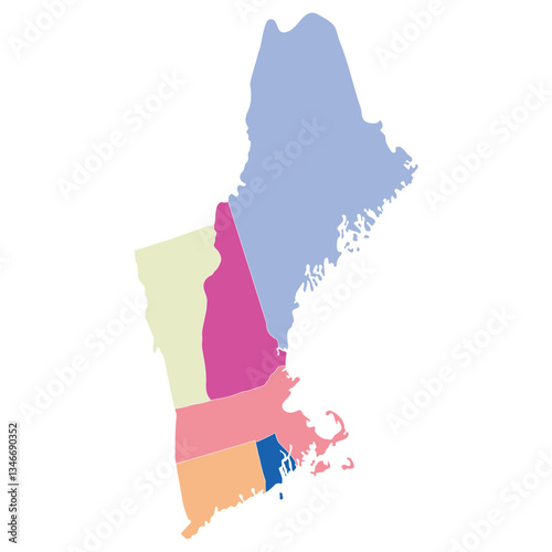 USA states New England regions map. New England region of the United States of America with each state multicolor.