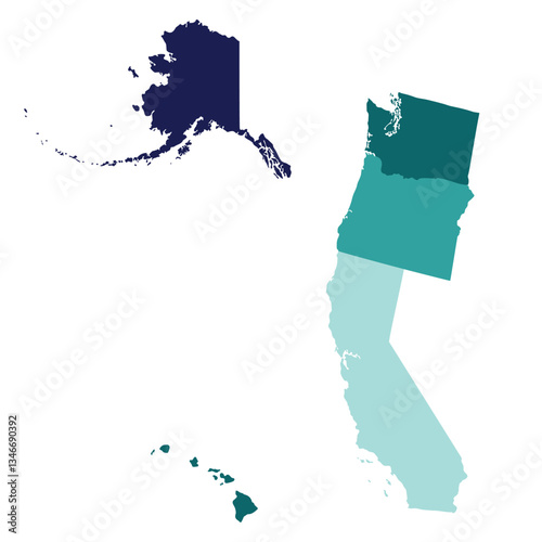 US regions of Pacific. Pacific states of America each state in color..