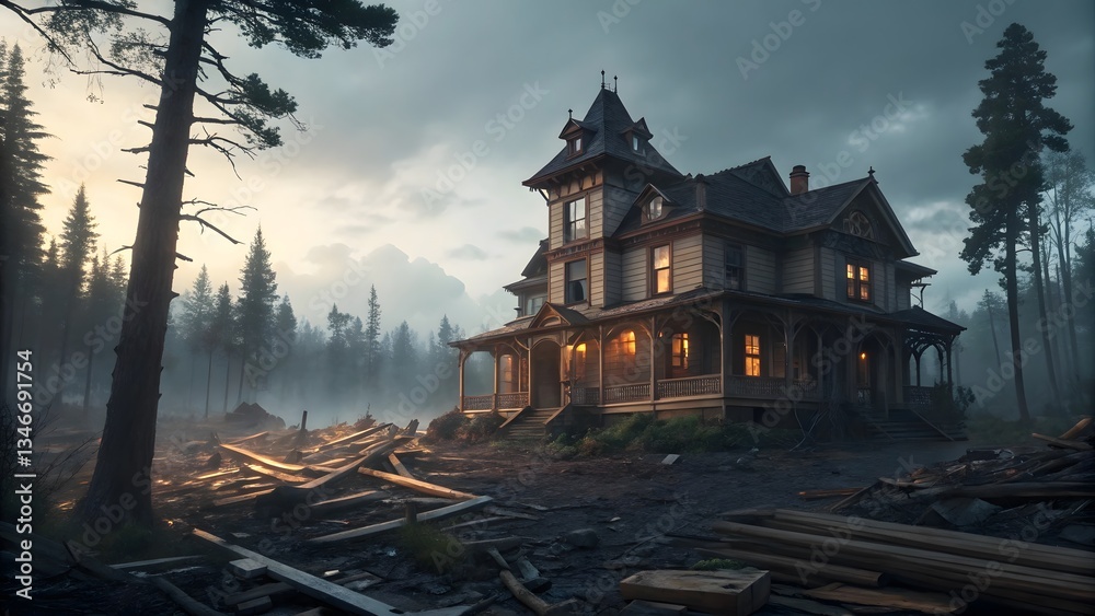 Obraz premium Victorian House Ruin Storm Aftermath with Cozy, Chaotic Contrast V6