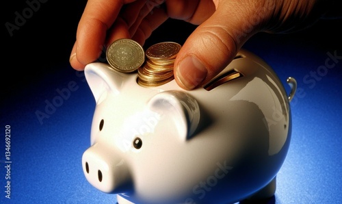 The image depicts a hand placing a coin into a white piggy bank against a blue backdrop with extra space for text, representing the idea of setting aside funds for future investments and retirement