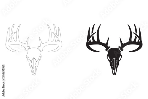 Vector Illustration of a Deer Skull with Antlers in Black and White.