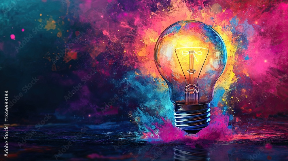 Digital illustration of a light bulb with a vibrant splash of colorful paint, symbolizing creativity and bright ideas Digital illustration of a light bulb with a vibrant splash of colorful paint, symbolizing creativity and bright ideas