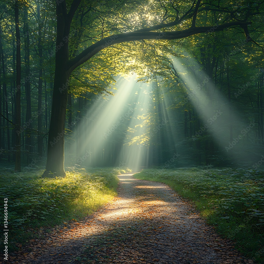 Fototapeta premium Sunbeams Path for Misty Forest Trail.