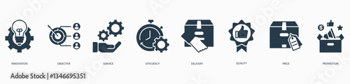 Product banner web icon vector illustration concept with icon of innovation, objective, service, efficiency, delivery, quality, price and promotion