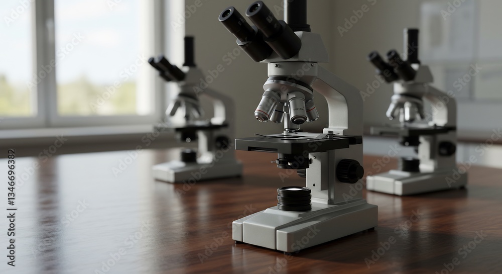 Three microscopes on wood table bright lab setting. AI Generated Three microscopes on wood table bright lab setting. AI Generated