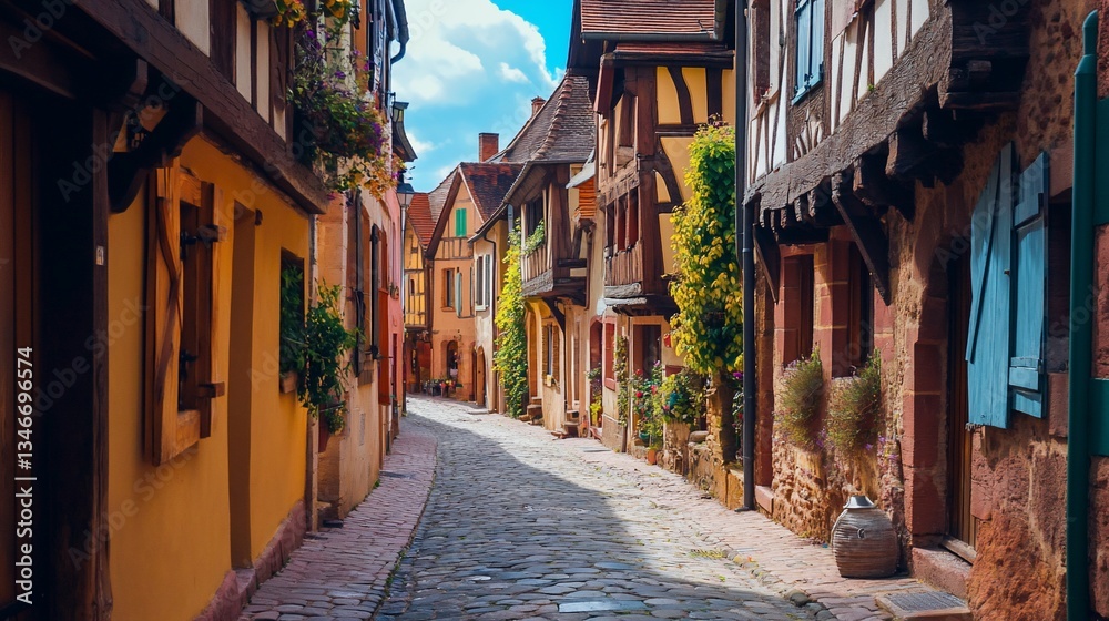 Fototapeta premium Idyllic street in Eguisheim village, Alsace, France with flowers and cobblestone path offering a romantic and picturesque scene