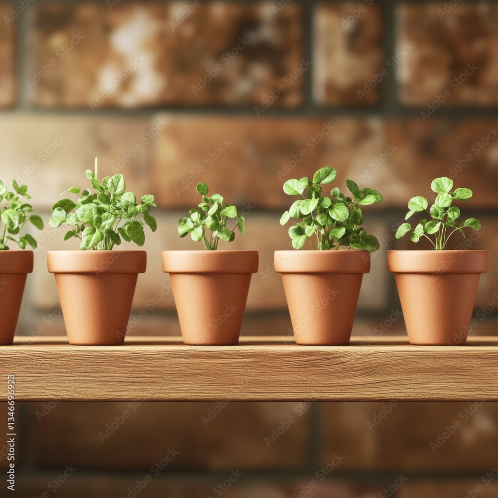 Photorealistic row of small clay pots with fresh green seedlings on a wooden shelf, gardening and plant care concept Photorealistic row of small clay pots with fresh green seedlings on a wooden shelf, gardening and plant care concept