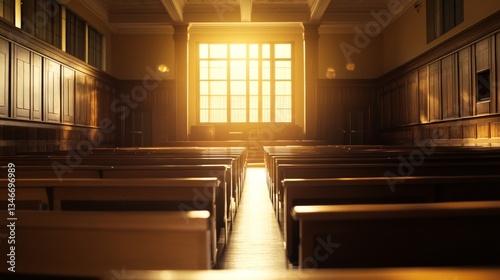 Sunlit empty courtroom with wooden benches and illuminated judge s bench