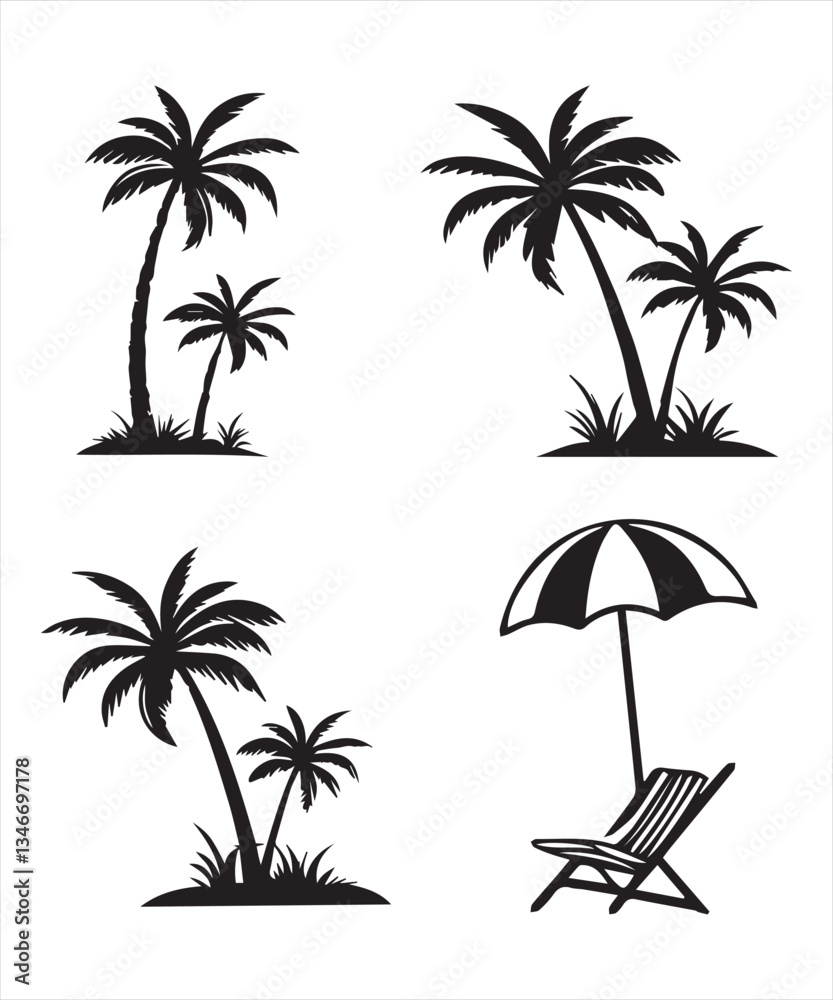 Fototapeta premium Simple Black and White Tropical Palm Trees and Beach Scene