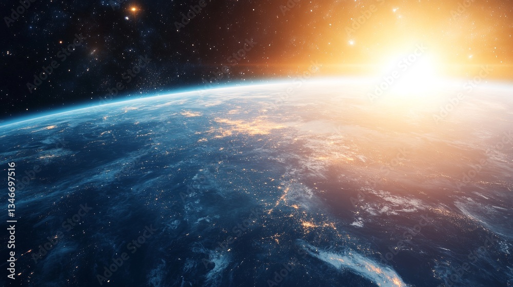 Fototapeta premium Breathtaking view of earth from space at sunrise with stars and glowing atmosphere