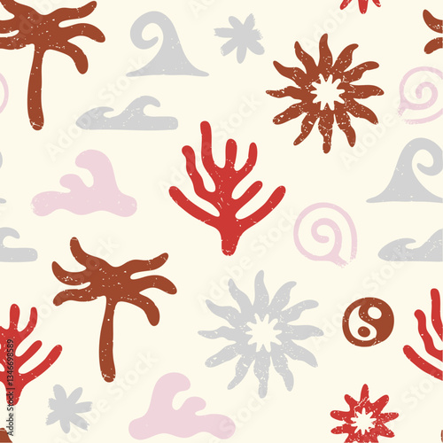 Seamless pattern with palm, starfish and sea shells 