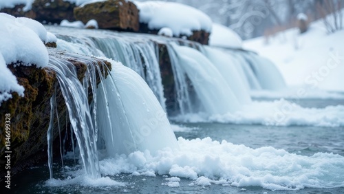 Winter Waterfall Scene Frosty Cascades and Icy Water Flowing Over Snowy Rocks