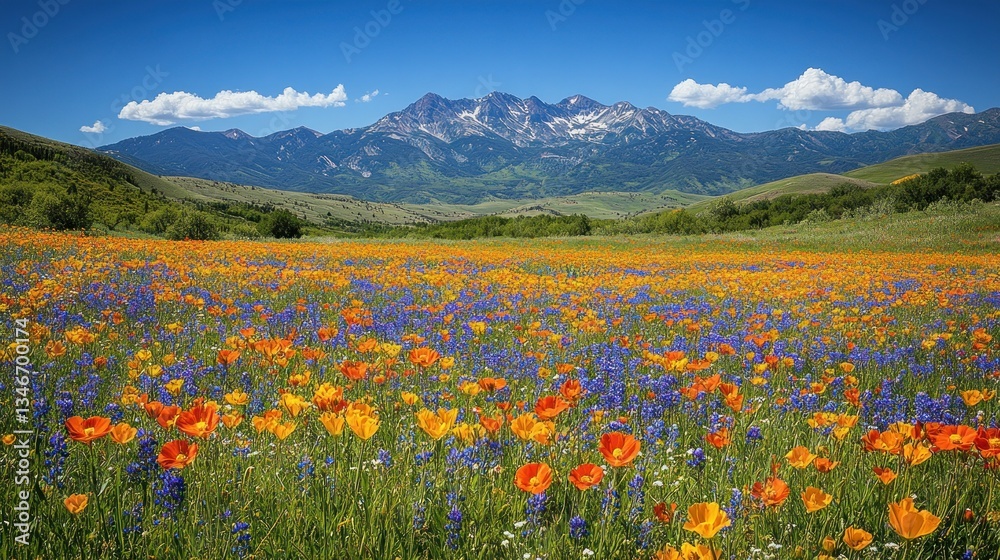 Fototapeta premium Vibrant wildflowers bloom in a vast field against a majestic mountain backdrop under a clear blue sky.