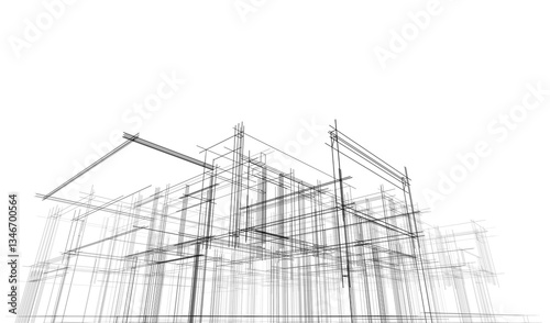 Modern flat roof house or commercial building in  drawing style. Minimalist linear sketch 3d rendering