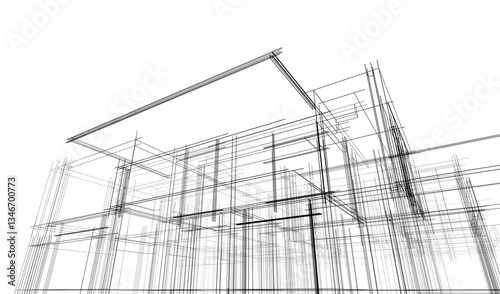 Modern flat roof house or commercial building in  drawing style. Minimalist linear sketch 3d rendering