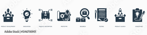 Product Development web icon vector illustration concept with icon of product development, innovation, product description, prototype, research, testing, product launch and conception