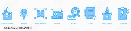 Product Development web icon vector illustration concept with icon of product development, innovation, product description, prototype, research, testing, product launch and conception