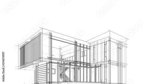 Modern flat roof house or commercial building in  drawing style. Minimalist linear sketch 3d rendering