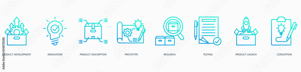 Product Development web icon vector illustration concept with icon of product development, innovation, product description, prototype, research, testing, product launch and conception Product Development web icon vector illustration concept with icon of product development, innovation, product description, prototype, research, testing, product launch and conception
