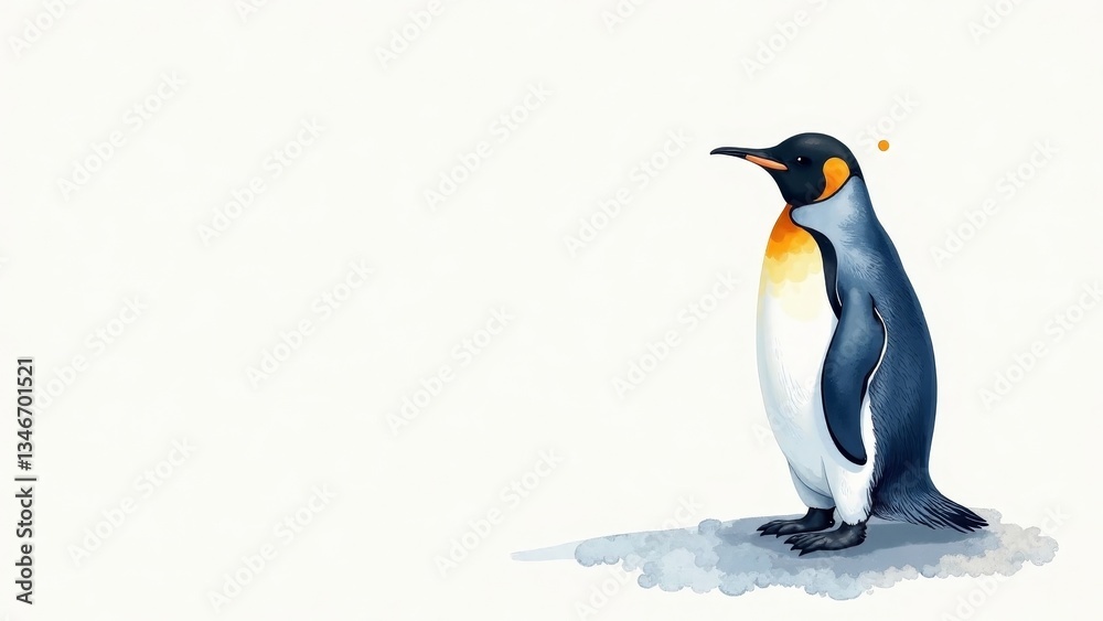 Obraz premium A Majestic King Penguin Standing on a Snowy Surface, a Stunning Watercolor Illustration Featuring Delicate Details and Vibrant Colors, Perfect for Nature-Themed Projects