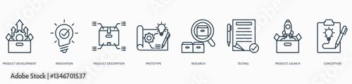 Product Development web icon vector illustration concept with icon of product development, innovation, product description, prototype, research, testing, product launch and conception