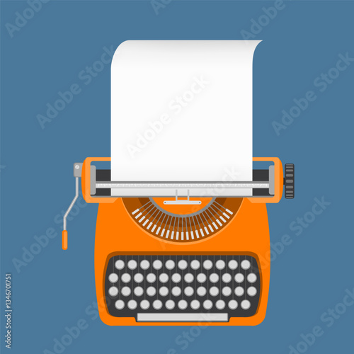 Vintage typewriter with blank sheet of paper. Isolated on a colored background. Vector illustration