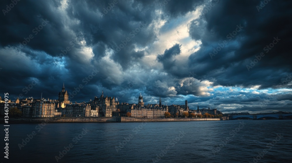 Fototapeta premium Dramatic sunset cityscape, river, storm clouds, Scotland, travel