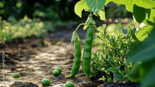 Fresh green peas growing in a garden on a sunny day with vibrant leaves and soil visible