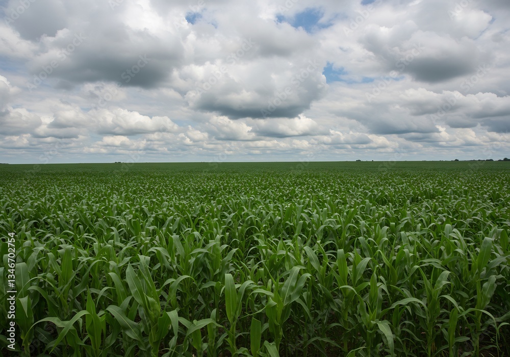 Fototapeta premium Vast green cornfield under a dramatic cloudy sky. AI Generated