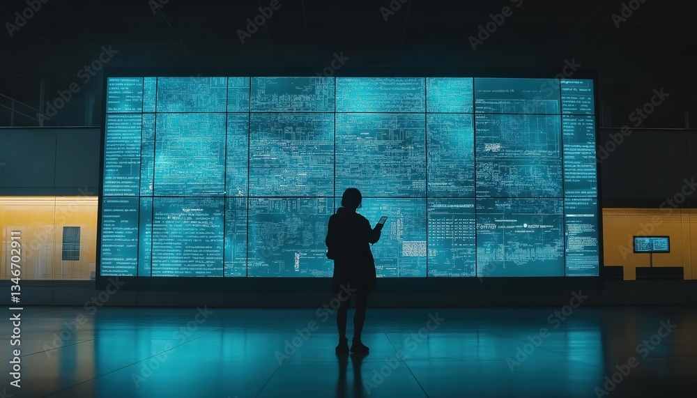 Fototapeta premium Martech Data Visualization on Interactive Screen, Digital Analyst Using Smartphone