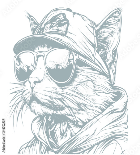 Vector cool cat wearing sunglasses and a cap, embodying a stylish and laid-back vibe, perfect for fun designs, POD business, or web design