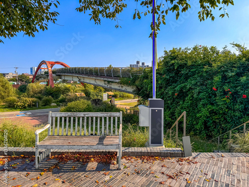 Wallpaper Mural Scenic Park with Wooden Bench and Red Bridge Torontodigital.ca