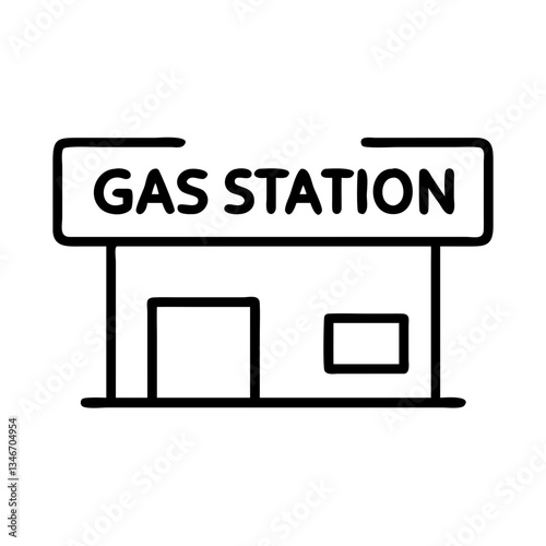 Minimalistic gas station building icon with a "Gas Station" sign on a transparent background
